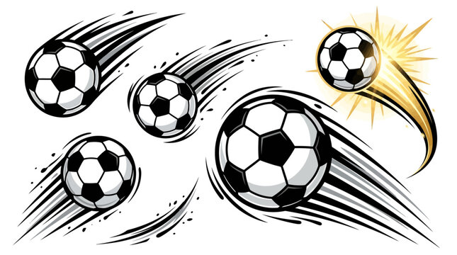 Dynamic soccer balls in motion with motion trails and glowing effects, energetic sports illustration