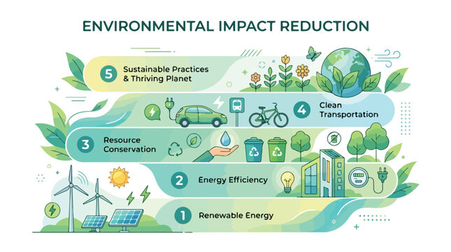 Environmental Impact Reduction Infographic showing 5 steps for eco sustainability and a thriving planet through renewable energy, efficiency, conservation, and clean transportation