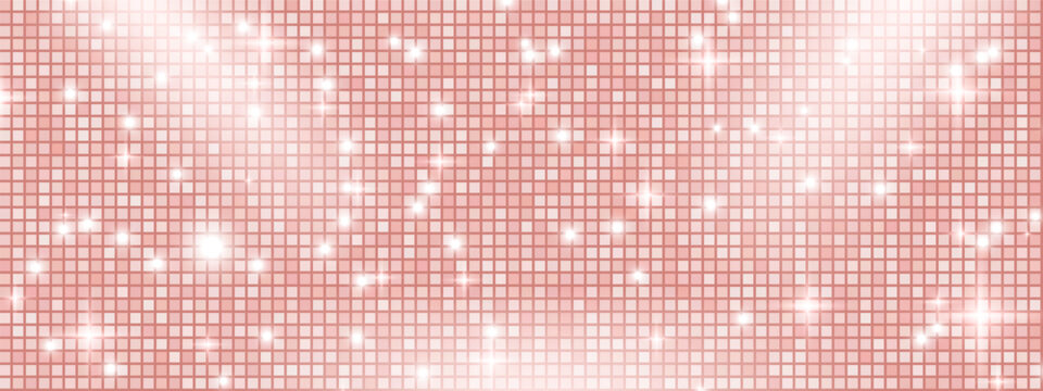 Disco ball glitter texture for party design and nightclub event flyer. Rose gold sequin mosaic background for festive celebration and glamour dance floor banner. Vector pink glam disco background.