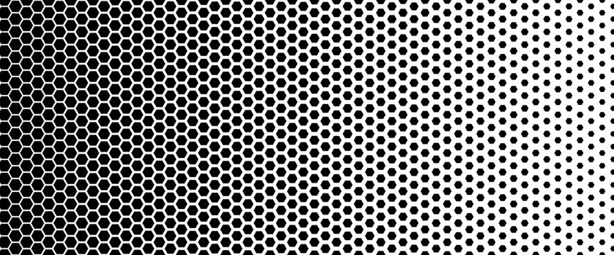 Honeycomb tech pattern with carbon hexagon for technology and sport banners. Nano fiber gradation fades from solid black mesh to dots. Dark honeycomb vector background for futuristic tech design.