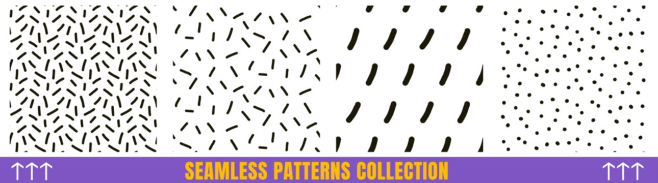 Small line scribble in seamless pattern set with scattered polka dot and dash. Random confetti with mini doodle shapes on white for minimal poster. Vector small line ornament pack isolated.
