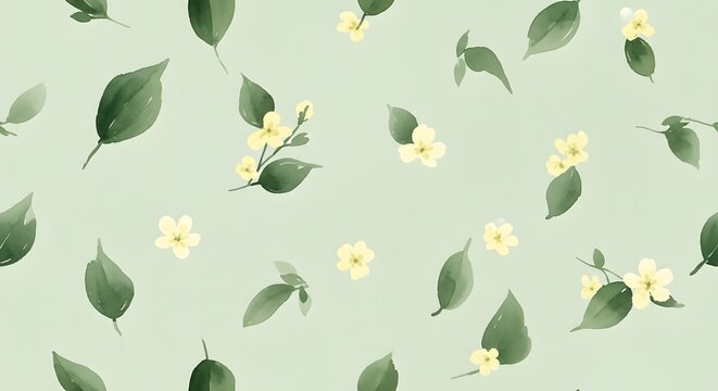 Jasmine floral pattern with green leaves on light green background