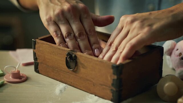 After opening box hands folding pink onesie into latch-box at home table, for storage near pacifier