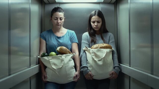 Holding canvas bags with bread and fruit, woman and teen standing in metal elevator returning home