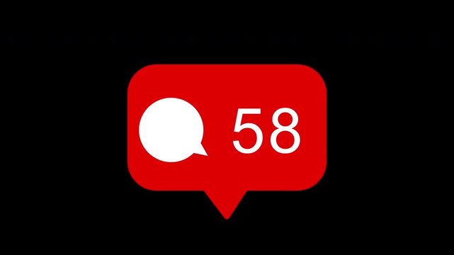 social media notification pop up comment icon animation with counting from 0 to 345, engagement notification counter, growth social media insight on transparent background