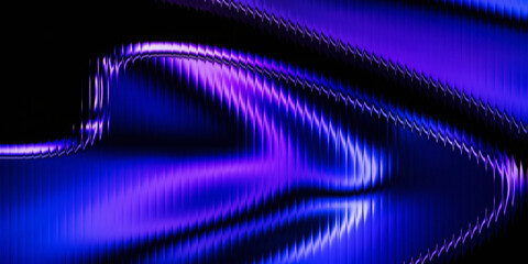 Fluid violet glass surface with ribbed lines and neon glow, abstract liquid distortion rendered as futuristic 3D background