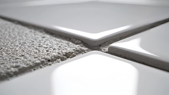 Closeup of textured surface meeting smooth tiles with grout lines.