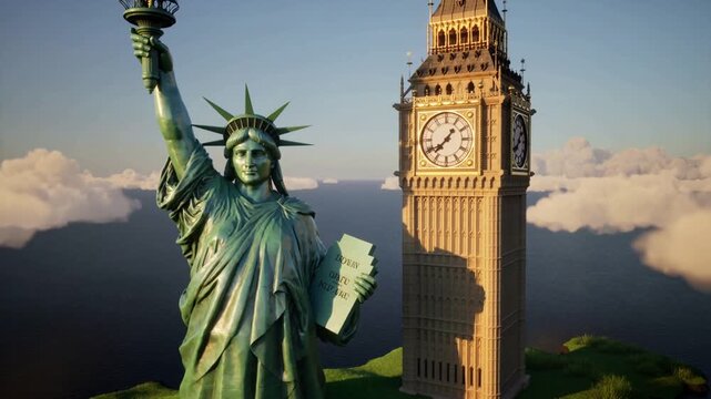 Shot start panning camera revealing Lady Liberty torch and Big Ben clock on floating island