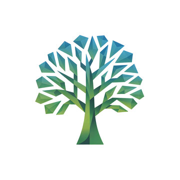 Geometric Tree with Polygon Leaves and Gradient Colors Isolated on Transparent Background