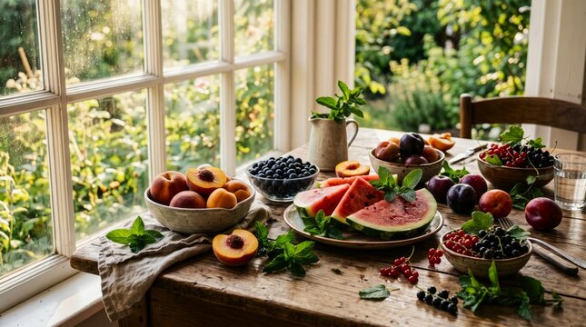 Fresh summer fruits on rustic table near garden window for healthy eating