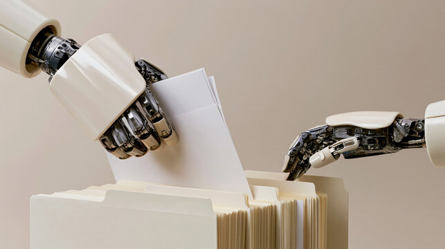 Robot hand filing paper in office folder, artificial intelligence automation concept