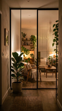 Cozy modern living room interior viewed through a stylish black framed glass partition door in a warm, softly lit home hallway with a potted fiddle leaf fig plant