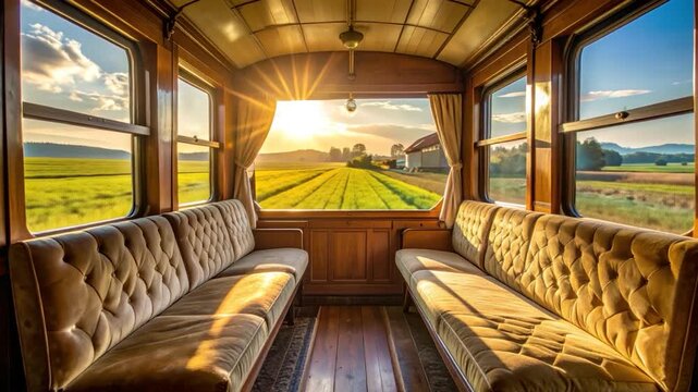 Interior of a vintage train car with plush seating, wood paneling, and a sunset view