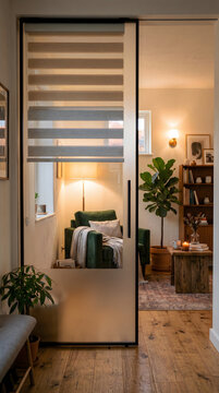 Cozy home office interior with a green velvet armchair, a wooden bookshelf, a fiddle leaf fig plant, and a sliding glass door with a blind, creating a warm and inviting atmosphere