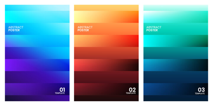 Abstract vector poster template set with gradient stripe rectangles on blurred backgrounds in blue purple, orange red and teal dark color themes