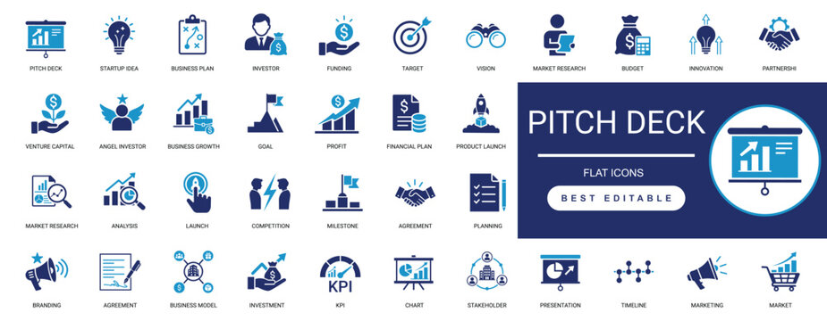 Pitch Deck Solid Glyph Icon Set. Investment, Funding, Startup, Presentation, Growth, Strategy, Vision, Data, Chart, Plan. Editable Vector Illustration.