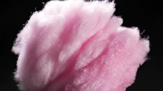 Close up slow motion of a pink cotton candy cloud on a black background providing a fun food concept