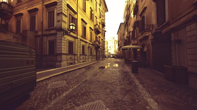 wet narrow street with awninglit storefronts and reflective puddles, delivery cart and distant silhouette, warm shop windows creating cinematic nocturne mood