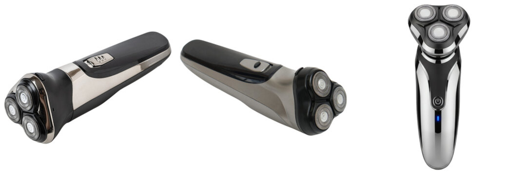 Three views of a modern electric shaver with rotary blades, isolated on a transparent background.