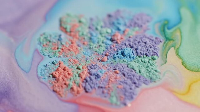 Colorful powder slowly dissolves in liquid on paper creating beautiful swirling patterns and vibrant colors macro shot