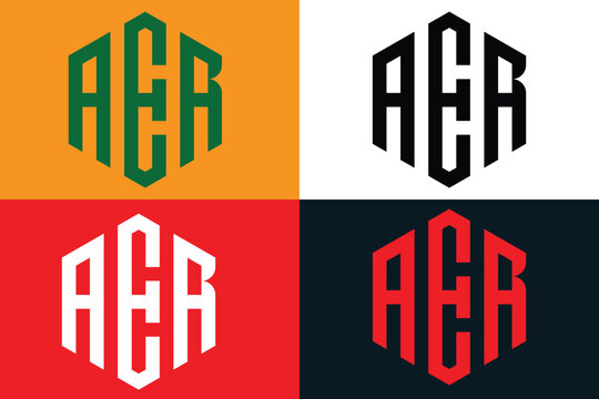 Geometric ACR monogram logo set, vintage collegiate hexagon typography vector, athletic lettermark emblem in green red and black color variations