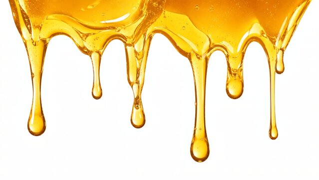 Dripping, flowing down honey top border close up isolated on white background.