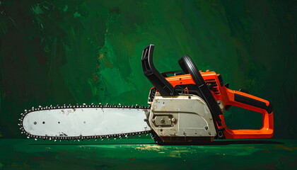 Fototapeta premium Orange and white chainsaw on green background