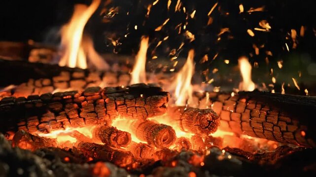 Close-up of a crackling campfire, with burning logs, glowing embers, and sparks dancing upwards in the dark night