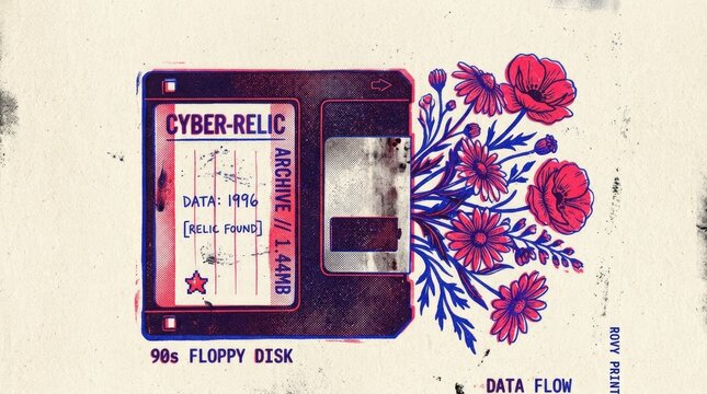 Retro Floppy Disk Cyber Relic with Blossoming Flowers and Data Flow Illustration