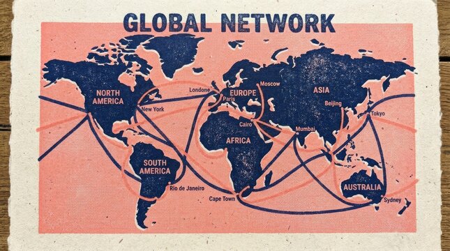 Vintage style world map infographic showing a global network of connected major cities across continents on textured paper