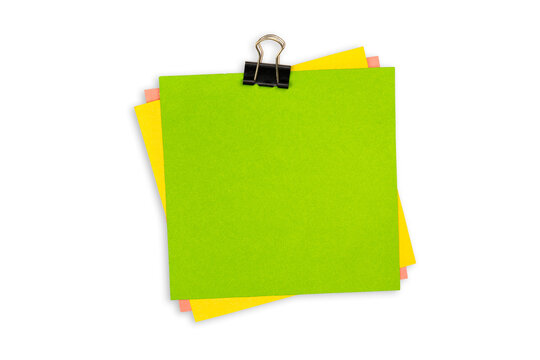 Stack of Colorful Square Sticky Notes Binder Clipped Isolated on Transparent Background.