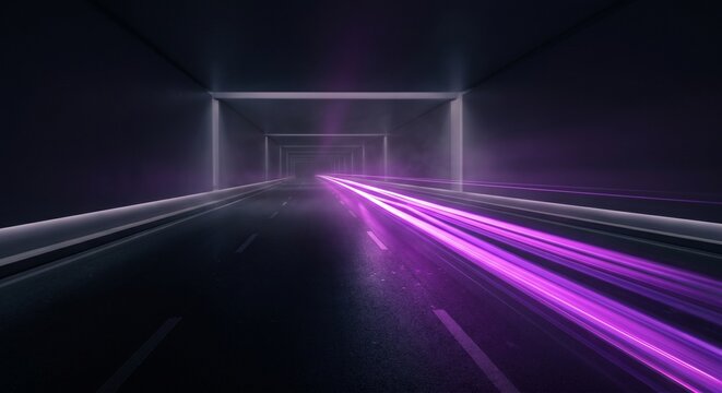 Magenta parallel light streaks in a connected mobility tunnel