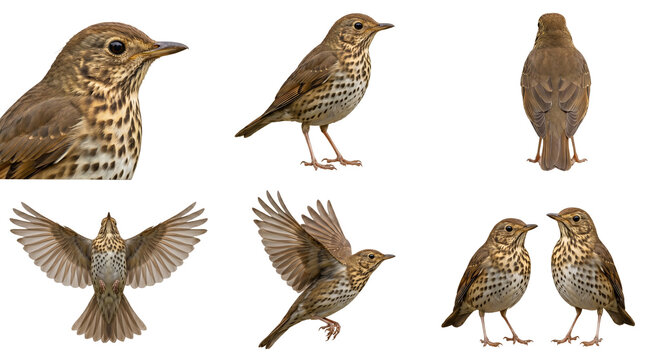 collection of song thrush (turdus philomelos) in flight and standing isolated on transparent background