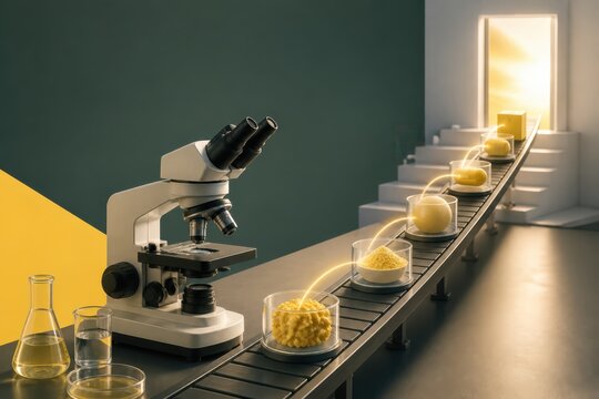 Automated laboratory quality control microscope on conveyor line for scientific inspection and product testing