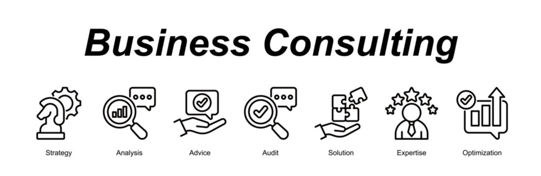Business Consulting web banner icon concept for with icon of Strategy, Analysis, Advice, Audit, Solution, Expertise, Optimizati.