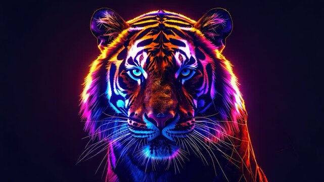 Glowing tiger portrait in vibrant neon colors against a black backdrop. Close up