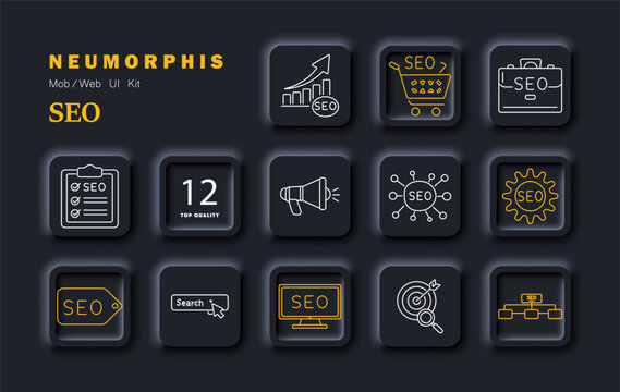 SEO set icon. Neumorphic dark interface with outline symbols of growth chart, shopping cart, briefcase, checklist clipboard, numeric badge, megaphone, network, gear, tag