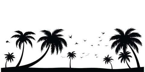 Fototapeta premium Flat vector illustration of tropical beach silhouettes, palm tree concept, nature design and seaside artwork