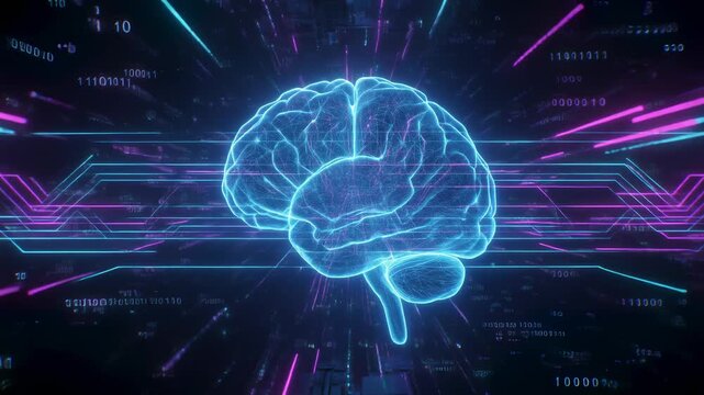 Futuristic digital brain concept with glowing neural networks, symbolizing artificial intelligence, machine learning, and advanced technology in a data-rich environment