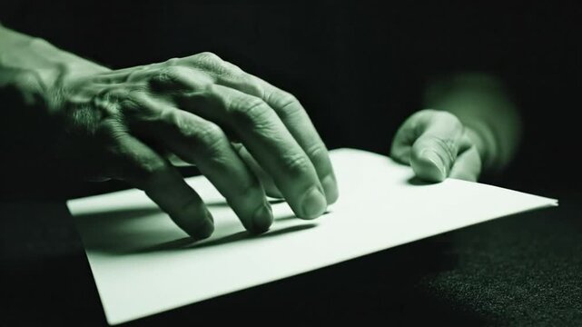 Close-up of nervous hands tapping and drumming on a piece of white paper in dimly lit shadows
