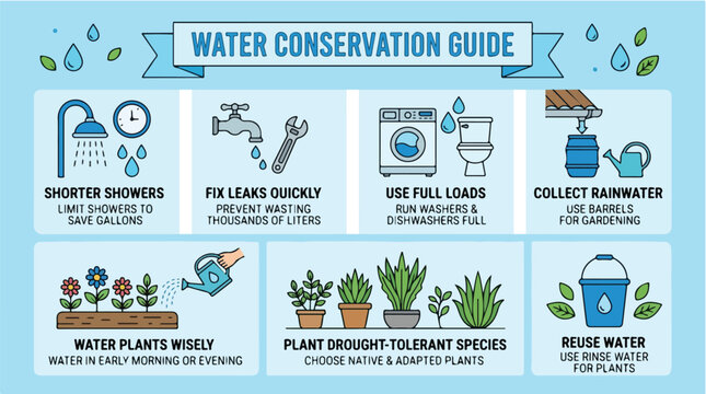 Water Conservation Guide Infographic Presenting Eco Sustainability Tips. Learn How to Save Water at Home and in the Garden for Environmental Protection