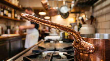 Obraz premium Copper pot handle on a restaurant stove, chef in background