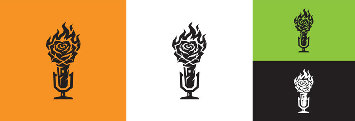Fototapeta premium Fiery rose on microphone logo emblem.