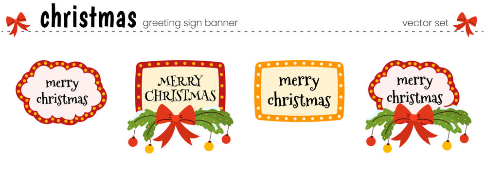 Set merry light collection of wreath and christmas green decoration. Garland vector elements traditional graphic tree holiday frame. Winter square outdoor style with bow and tinsel gift.