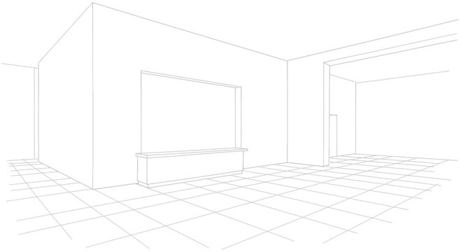 Minimalist Architectural Interior Sketch with Grid Floor.