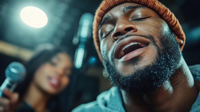 Two singers passionately engaged in a music session in a studio, showcasing the essence of creativity, musical talent, and the collaborative spirit of performing arts.
