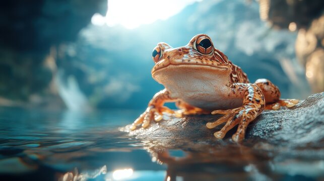 This detailed close-up showcases a brown frog resting on a rock by crystal clear water, emphasizing its textures and the serene environment it inhabits amidst nature.