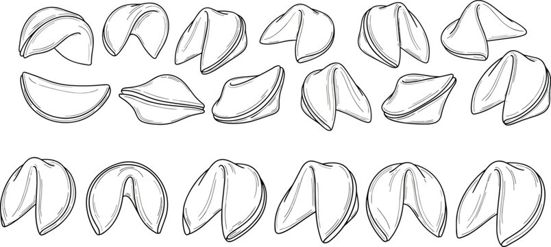 Chinese Fortune Cookie Hand Drawn Outline Vector Set with Various Angles and Positions for Asian Restaurant Menus and Lunar New Year Greeting Designs