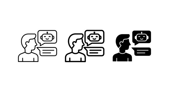 Chatbot Conversation Icons, AI Assistant Dialogue Vector Set, Human Bot Communication Graphics