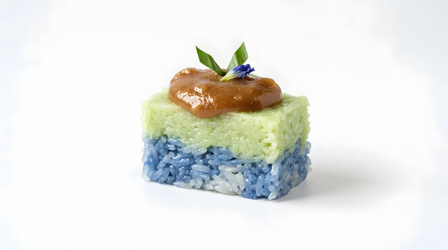 Malaysian treat known as pulut tai tai, Peranakan Chinese cake made from glutinous rice with butterfly pea flower extract and pandan, creating a layers of beautiful blue and green colors
